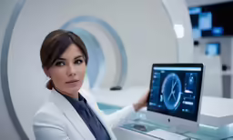 a woman at the computer looks at the screen