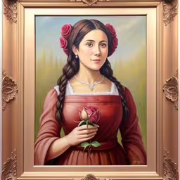 an oil painting of a girl holding a flower,a painting of a woman wearing a red dress holding a flower