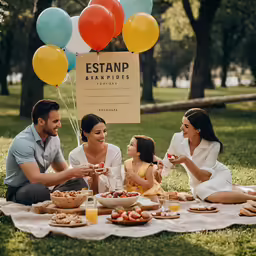 three adults and two children enjoying outdoors picnic time