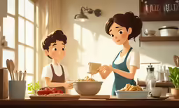 a woman and a boy preparing food in a kitchen