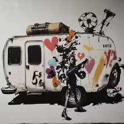 this is an image of a painting of a person and an rv