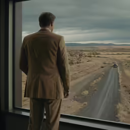 a man standing in a window looking out to a desert highway