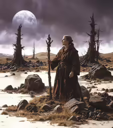 a woman is standing by some small trees in the desert