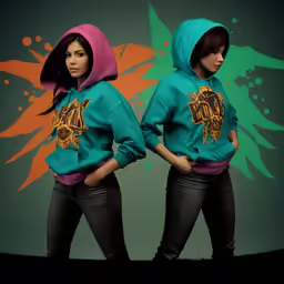 two people that are wearing some hoodies and standing together