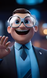 an animated man is wearing a tie and holding his hands out