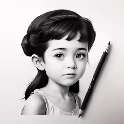 a little girl with makeup and a pencil sitting on the paper