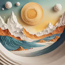 a circular picture of mountains and a sun