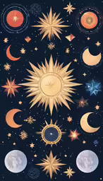 an image of a night sky with stars and crescents
