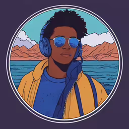 a poster with an image of a black person wearing headphones,man with earphones wearing sun glasses and looking down