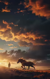 the man is walking near a running horse