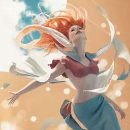 a girl with orange hair flying in the air