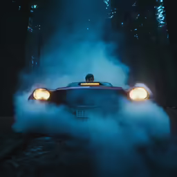 a car is surrounded by smoke and it is driving through the woods