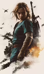 a woman is standing with her gun and looking