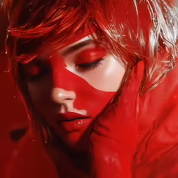 a woman with red paint on her face and hands