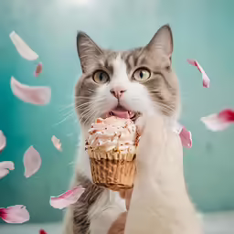 a cat is holding a cake with icing while reaching for it