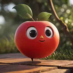 a red apple with two eyes, leaves, and googly eyeballs