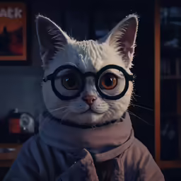 cat wearing glasses and jacket in dim lit room
