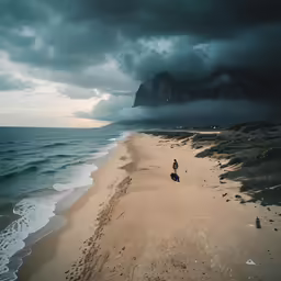 the person walks alone on the sandy beach with a dark sky