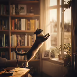 a cat jumping in the air to catch the sun