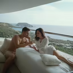 a man and woman sitting on a bed near each other