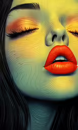 a woman with orange lipstick and long black hair
