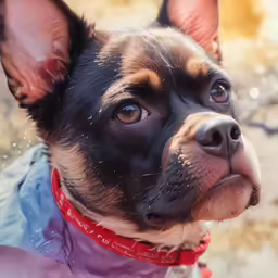 the head and neck of a small dog with blue eyes