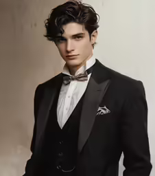 the man in the black tuxedo stands wearing an elegant bow tie