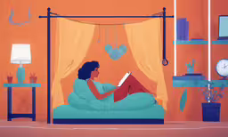 a woman sitting in a blue sofa under a canopy reading a book,a woman is reading a book on the bed