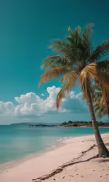the view of a sandy beach with palm trees