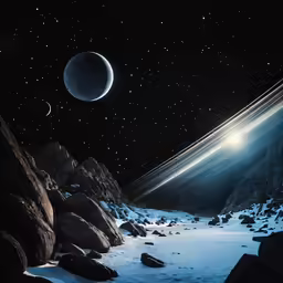 an abstract rendering of mountains in space with snow covered ground and stars