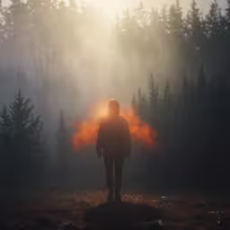 the person stands in front of a light flare in a dark forest