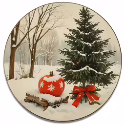 a small christmas tree with a red ball in the snow and other decorations