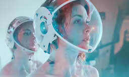 two women with futuristic face gear and masks