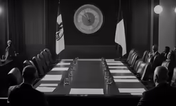 several people sitting around a large conference room table with a clock in the background