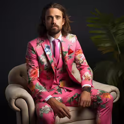 man with long hair in suit sitting on chair,the man in a pink suit is sitting