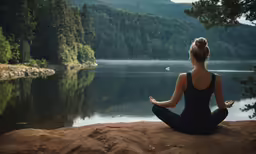 a woman practices yoga while sitting on top of a rock