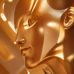 a golden mask in a room full of glowing lights