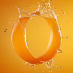 an orange is in the water on the yellow background