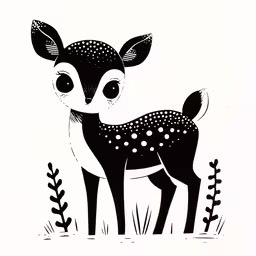an illustration of a deer that is standing in the grass,black and white drawing of a baby deer