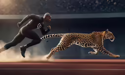 a man running alongside an animated cheetah