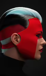 a person with red hair, a mask and a black outfit