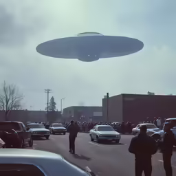 several people watch an unidentified object over a parking lot
