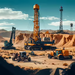there are drilling machines and trucks near an oil well