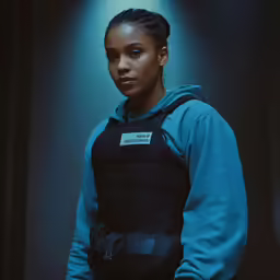 a woman in a black vest with a white sign on her back