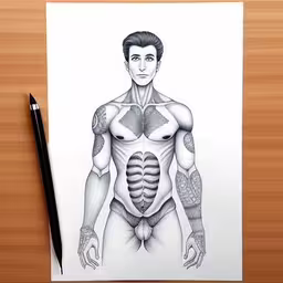 a drawing of a man with muscles on a sheet of paper,the anatomy drawing is drawn on paper by hand,a man has the skeleton of an unhappled body printed on,a picture of the human body on top of a paper,a drawing of the muscular torso and chest, and an ink pen