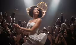 a woman dressed in white dancing on stage with a crowd