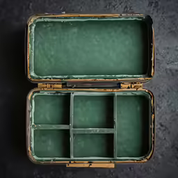 an old suitcase with many compartments and a black handle