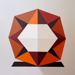 an abstract design of a red and white pentagon,a 3d graphic of an octagon in various shades of red and orange,a red and orange origami cut - out piece with two different shapes,a colorful abstract painting on a white wall,a white wall with a paper sculpture made to look like a cube