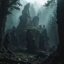 dark forest scene with rocks, and pine trees in the fog