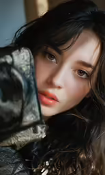 a beautiful woman wearing a black coat and orange lipstick